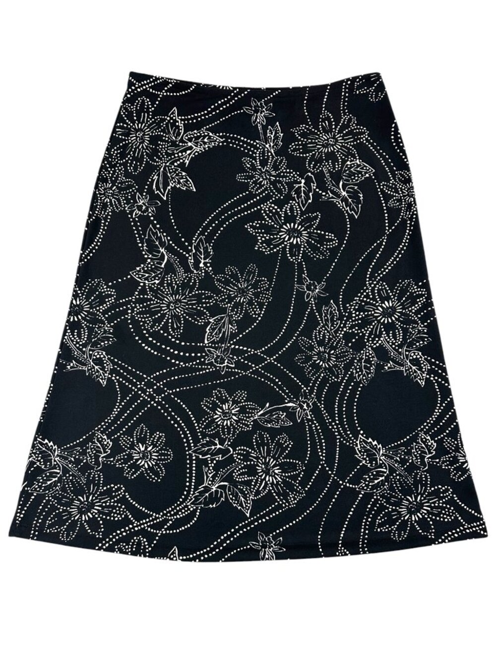 Vintage 90s Black & White Floral Dotted A Line Midi Skirt